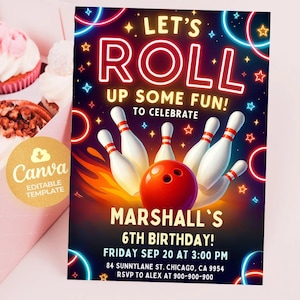 EDITABLE Bowling Party Invitation, Editable Bowling Birthday Invitation, Kids Bowling Invitation, Let&#39;s Strike Up Some Fun, 5x7 Canva