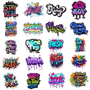 Könnte beinhalten: Eine Sammlung farbenfroher Graffiti-Kunst-Designs mit verschiedenen Wörtern und Phrasen. Die Designs enthalten Wörter wie "Stay Real", "Hustle", "King", "Love" und "Fresh", die in leuchtenden Farben mit tropfenden Farbeffekten dargestellt werden.
