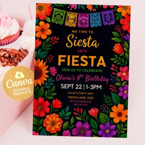 Fiesta Birthday Invitation, Mexican Theme Invitation, Fiesta Invitation, Mexican Papel Birthday Invite, Canva Editable Invitation Template