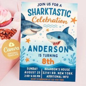 Shark Invitation, Shark Invites, Shark Birthday Invitation, Shark Invitation, Kids Birthday Party Invites, Editable Invitation Canva