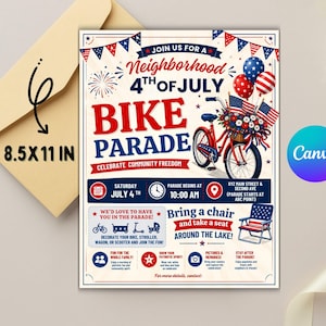 Könnte beinhalten: Ein 21,59 x 27,94 cm großer Flyer für eine Fahrradparade zum 4. Juli. Das Design zeigt ein rotes Fahrrad mit einem Blumenkorb und amerikanischen Flaggen, rot-weiß-blaue Luftballons sowie Text mit Details zu Datum, Uhrzeit und Ort.