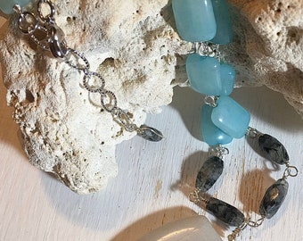 SALE, Beautiful Quartz necklace, blue, rutilated Quartz, silver, chunky boho, jasper pendant, gemstone, boho chic, cottage chic, hippie life