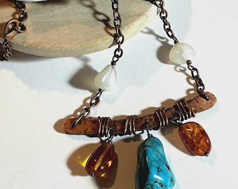 Hammered Copper Bar Necklace: Turquoise Magnesite & Moonstone Boho Pendant