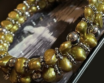 Golden Olive Pearl Bracelet: Silver Plated Boho Chic Jewelry
