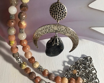 Lepidolite & Blue Tiger Eye Moon Pendant Necklace: Long Hippie Style