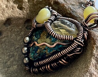 Artisan Copper Wire Wrap Necklace: Citrine, Honey Opal & Peacock Ore