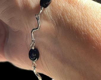 Black Glass Bead Bracelet: Silver Plated Boho Link Bracelet, Adjustable