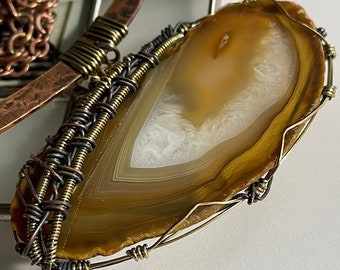 Wire Wrapped Agate Slice Necklace: Copper & Brass, Boho Chic