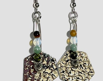 Funky, cool hammered earrings, gemstone, stainless steel ear wires, art nouveau, boho, hippie, trendy, dangle earrings