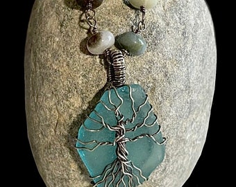 Sterling Silver Tree of Life Necklace: Amazonite, Sea Glass & Quartz
