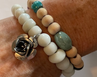 Wood & White Glass Bead Wrap Bracelet: Boho Chic Toggle Clasp