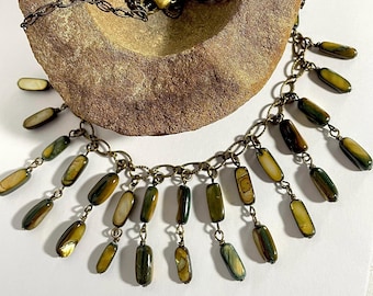 Mother of Pearl Bib Necklace: Antiqued Brass Chain, Boho Chic