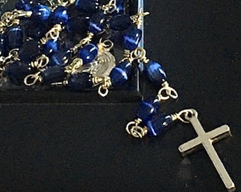 Blue Cats Eye Rosary Necklace: Sterling Silver Cross, Boho Rocker Lariat
