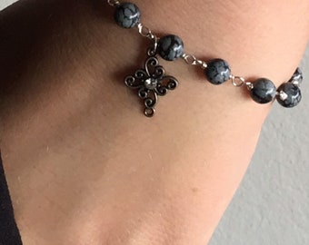 SALE, Obsidian bracelet, Snowflake Obsidian stone, cross charm, hippie style, cottage chic, boho bracelet, sterling silver, adjustable