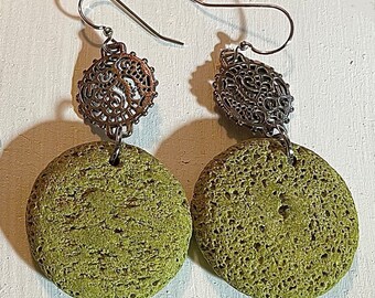 Lime Green Lava Stone Earrings: Funky Filigree, Stainless Steel