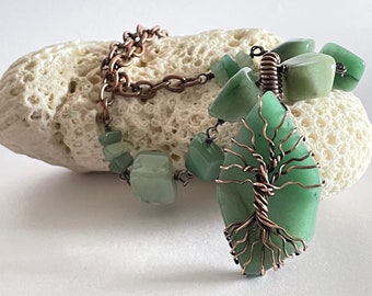 Tree of Life Green Aventurine Copper Wire Wrapped Necklace