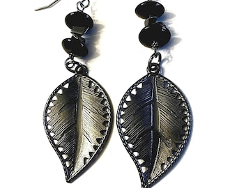 Gunmetal Leaf Dangle Earrings with Hemalyke Chips: Boho Goth Style