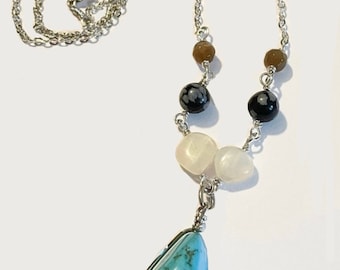 Turquoise Pendant Necklace: Sterling Silver, Moonstone & Snowflake Obsidian