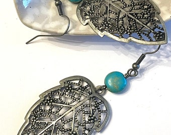 Leaf Dangle Earrings: Vintage Boho Turquoise Magnesite Filigree