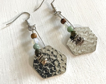 Hammered Disc Agate Dangle Earrings: Stainless Steel Ear Wires