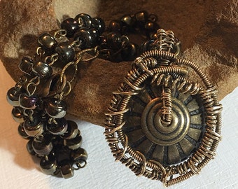 Wire Wrapped Pendant Necklace: Boho Steampunk Iridescent Crow Beads