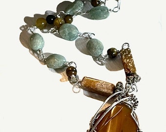 Sterling Silver Wire Wrapped Tiger Eye Pendant Necklace: Aquamarine Agate Jasper Boho