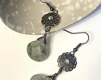 Rutilated Quartz Dangle Earrings: Sterling Silver Filigree Boho Hippie Style