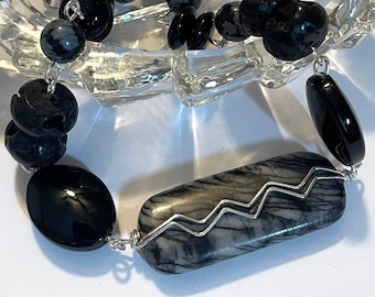 Jasper, Obsidian & Lava Stone Necklace: Lightning Bolt Wire-Wrapped Pendant