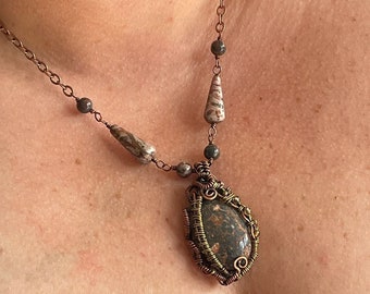 Leopardskin Jasper Necklace: Copper Wire Wrapped Boho Pendant