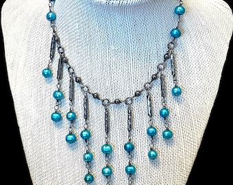 Blue Pearl Dangle Bib Necklace: Sterling Silver Boho Chic