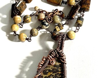 Jasper wire wrapped necklace, Brown earth Jasper, Paintbrush Jasper, earth tones, copper wire, statement necklace, chunky boho, hippie,chic