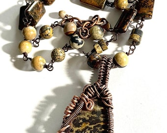 Paintbrush Jasper Pendant Necklace: Artisan Copper Wire Wrapped Boho Jewelry