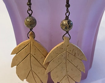 Wooden Leaf Dangle Earrings with Jasper Stone: Boho Hippie Style