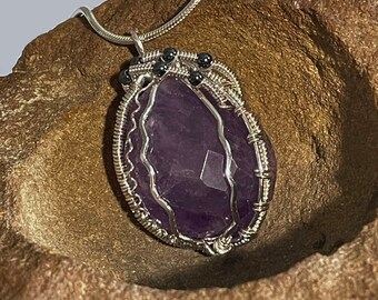 Faceted Amethyst Sterling Silver Wire Wrapped Pendant Necklace
