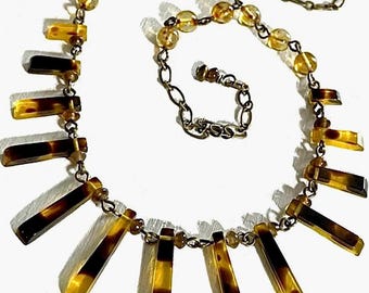 Tortoise Shell Fan Bib Necklace: Smokey Quartz Boho Resin Pendant