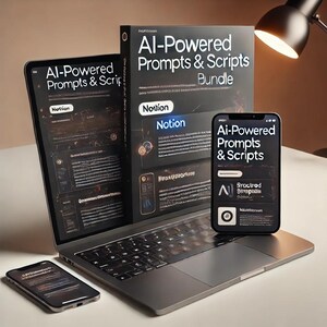 Puede incluir: Un ordenador portátil con una cubierta en blanco y negro que muestra el texto "Al-Powered Prompts & Scripts Bundle" y "Notion". Un teléfono inteligente en blanco y negro con el texto "Al-Powered Prompts & Scripts" está de pie sobre el teclado del portátil. Un teléfono inteligente en blanco y negro más pequeño con el texto "Al-Powered Prompts & Scripts" está acostado sobre la mesa junto al portátil.