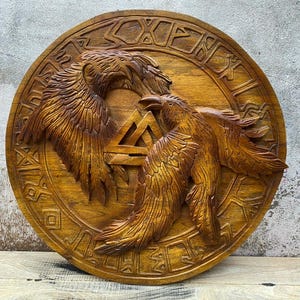Wooden  Raven viking shield, Viking symbol Raven, Viking decor wall art Odin Hugin and Munin Round shield