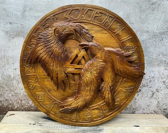 Handmade Wooden Raven Viking Shield: Odin Hugin and Munin Wall Art