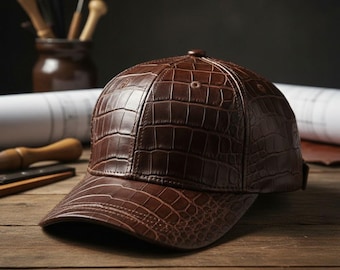 Genuine Leather Baseball Cap - Handcrafted Exotic Skin | Brown Alligator Skin Dad Hat