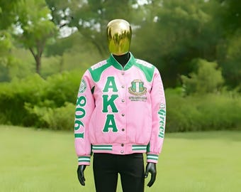 AKA Letterman-jas | Sorority, roze en groene keperstof, geen wol
