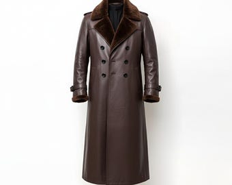 Genuine Brown Leather Long Coat with Fur – Cowhide Leather Men and women