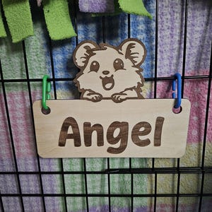 Etiqueta para jaula de hámster, personalizada, grabada en madera, hámster, decoración de jaula, etiqueta, accesorios para jaula