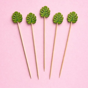 Monstera Leaf Bamboo Cocktail Picks, Tropical Party Appetizer Decorations