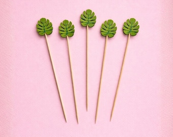 Monstera Leaf Bamboo Cocktail Picks, Tropical Party Appetizer Decorations