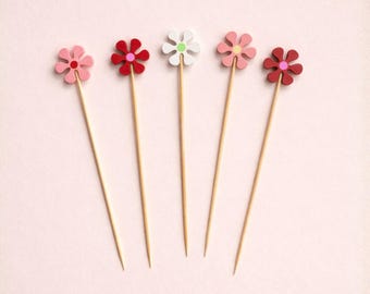 Daisy Cocktail Picks, Flower Bamboo Drink Stirrers, Appetizer & Dessert Picks, Spring Summer Party Decor