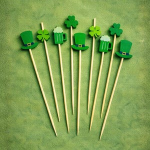 St. Patrick's Day Cocktail Picks, Shamrock, Leprechaun Hat, Four Leaf Clover Bamboo Appetizer Skewers