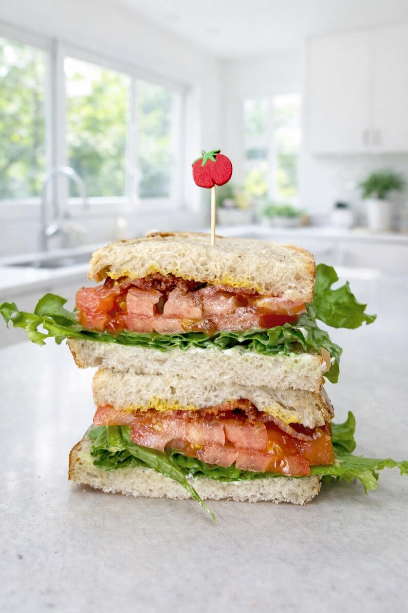May include: A double-decker BLT sandwich featuring layers of toasted bread, crisp green lettuce, sliced red tomatoes, and cooked bacon. A small wooden toothpick with a red tomato-shaped topper is inserted into the top slice of bread.