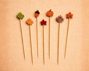 Fall Cocktail Picks, Thanksgiving Bamboo Toothpicks with Leaf & Pumpkin Toppers, Harvest, Autumn Party Decor