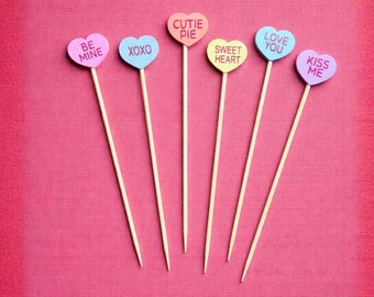 Valentine’s Day Cocktail Picks, Conversation Heart Bamboo Toothpicks, Sweetheart Candy Drink Garnish