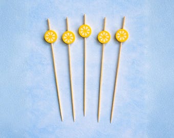 Lemon Cocktail Picks, Bamboo Drink Stirrers, Lemon Drop Martini Garnish, Citrus Party Decor